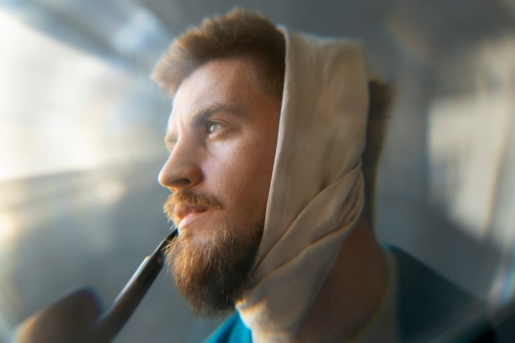 Nahaufnahme einer Person, die tief einatmet